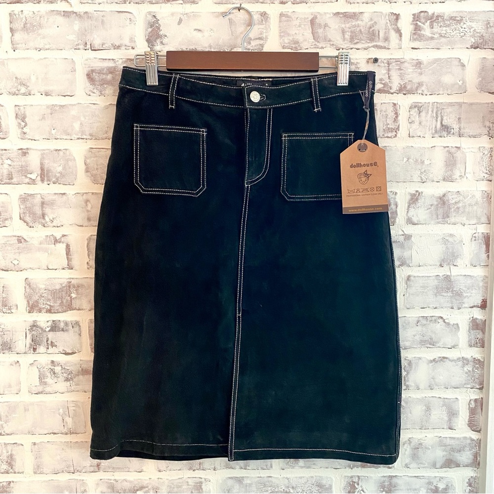 Dollhouse • Genuine Suede Leather Midi Skirt • Black • NWT • Size Medium